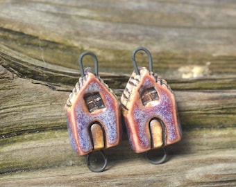 Little Houses- Handmade Stoneware Rustic Bead Connectors