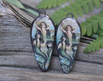 Mermaids-  Handmade Porcelain Picture Bead Pair