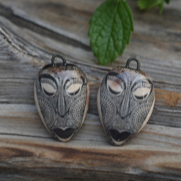 Tribal Masks - Handmade Porcelain Bead Pair