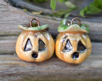 Jack O Lanterns- Handmade Stoneware Raku Beads
