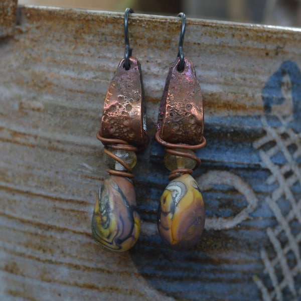 Urchin-  Handmade Boho PMC Copper & Lampwork Glass Earrings