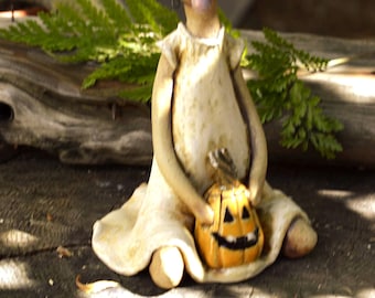 Sweet Emily & Pumpkin- Handmade Stoneware Figurine