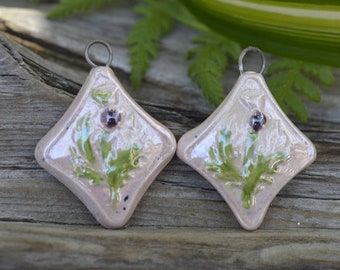 Spring Flowers-  Handmade Porcelain Pearly Bead Pair