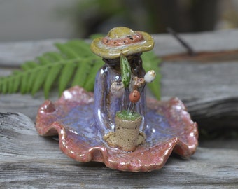 Pot Sitter-  Handmade Stoneware Garden Gal Figurine