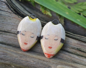 Geisha-  Handmade Porcelain Picture Bead Pair