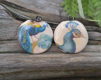 Pretty Peacock-  Handmade Porcelain Picture Bead Pair