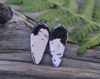 Geisha Art-  Handmade Porcelain Picture Bead Pair