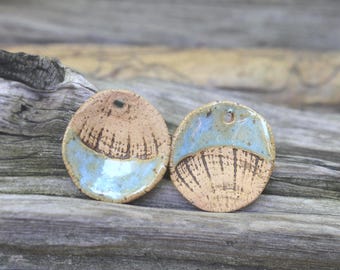 Rustic Handmade Stoneware Fossil Shell Disc Bead Pair