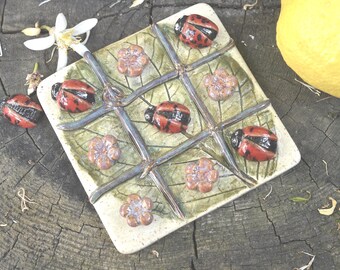 Springtime- Handmade Stoneware Tic Tac Toe Board Game