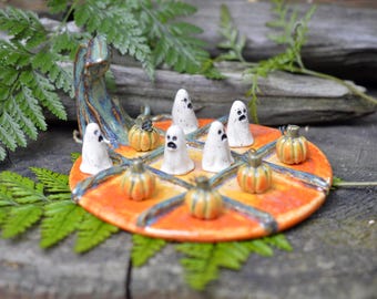 Pumpkin Patch- Handmade Stoneware Halloween Tic Tac Toe Game Set