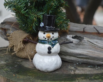 Handmade Chubby Stoneware Snowman Figurine