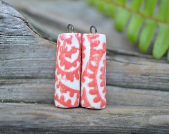 Tribal Paisley-  Handmade Porcelain Bead Pair