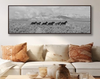 Large Living Room Wall Art Wild Horse Framed Canvas Southwest Decor Landscape Photography Nature Print Panoramic Black And White Horse Photo