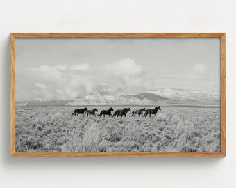 Samsung Frame TV Art Running Desert Horses Western Art Digital Download Black And White Southwest Home Decor Arizona Photography