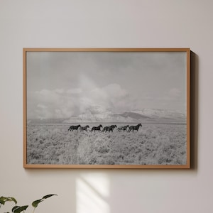 Cavalos correndo no deserto - Fotografia de cavalo Arte de parede do sudoeste Pôster ocidental Decoração ocidental americana Pôster de cavalo Fotografia em preto e branco