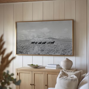 Horse Wall Art Digital Download Print Black White Photography Western Landscape Frame TV Artwork Rustic Home Styling Living Room Mountain Prairie Scene Wild Mustang Running Herd Dramatic Sky Country Farmhouse Interior Contemporary Design