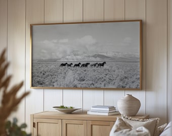 Samsung Frame TV Art Running Desert Horses Western Art Digital Download Black And White Southwest Home Decor Arizona Photography