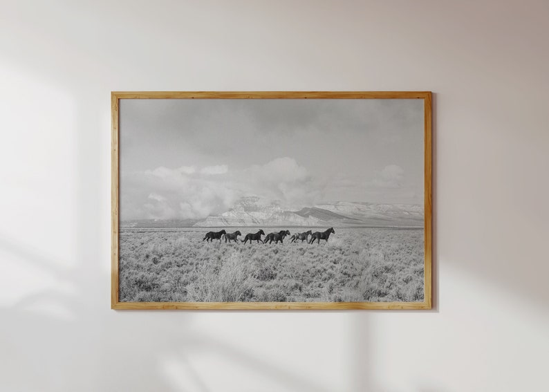 Black White Nature Print Wild Horse Photography Panoramic Wall Art Framed Picture Horizontal Bedroom Living Room Western Home Office Gift Ranch Farmhouse Large Animal Display Running Plains Mountain Scene Premium Quality Wood Frame Options
