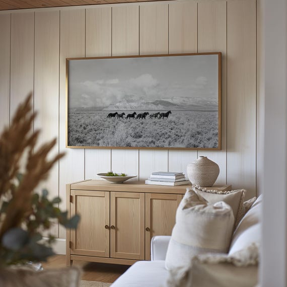 Horse Wall Art Digital Download Print Black White Photography Western Landscape Frame Tv Artwork Rustic Home Design Living Room Mountain