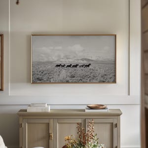Wild Mustang Horse Photography Black White Landscape Art Digital Download Print Frame TV Artwork Western Prairie Mountain Scene Rustic Home Styling Living Room Country Interior Dramatic Sky Running Herd Instant Download Ready To Print High