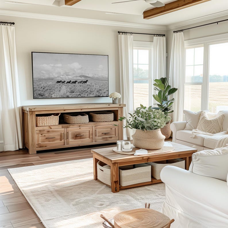 Black White Photography Western Landscape Horse Wall Art Digital Download Print Frame TV Artwork Rustic Home Styling Prairie Mountain Scene Wild Mustang Running Herd Dramatic Sky Country Interior Living Room Ready To Print Instant Download