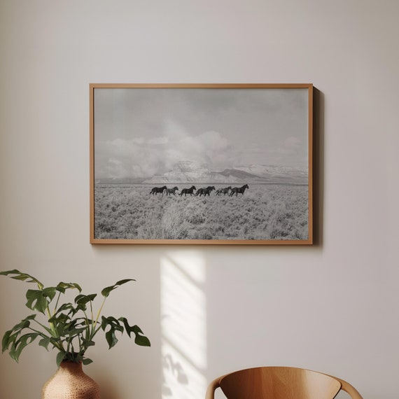 Running Desert Horses Western Art Photography Southwest Wall Art Poster Americana Western Decor Wild Horses Black and White Photography