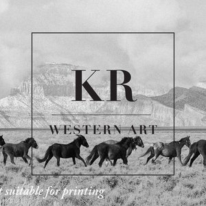 Puede incluir: Fotograf&iacute;a en blanco y negro de una manada de caballos salvajes corriendo a trav&eacute;s de un campo de hierba con una cordillera de monta&ntilde;as en el fondo. La imagen tiene una superposici&oacute;n de texto que dice "KR WESTERN ART" en una fuente sans-serif negra.