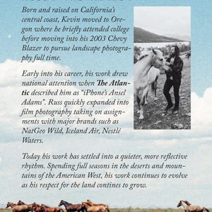 May include: A light blue informational card titled About The Artist featuring black text describing a photographer's career. A black and white photograph shows a person standing next to a horse. Below, a color image shows horses running in a field.