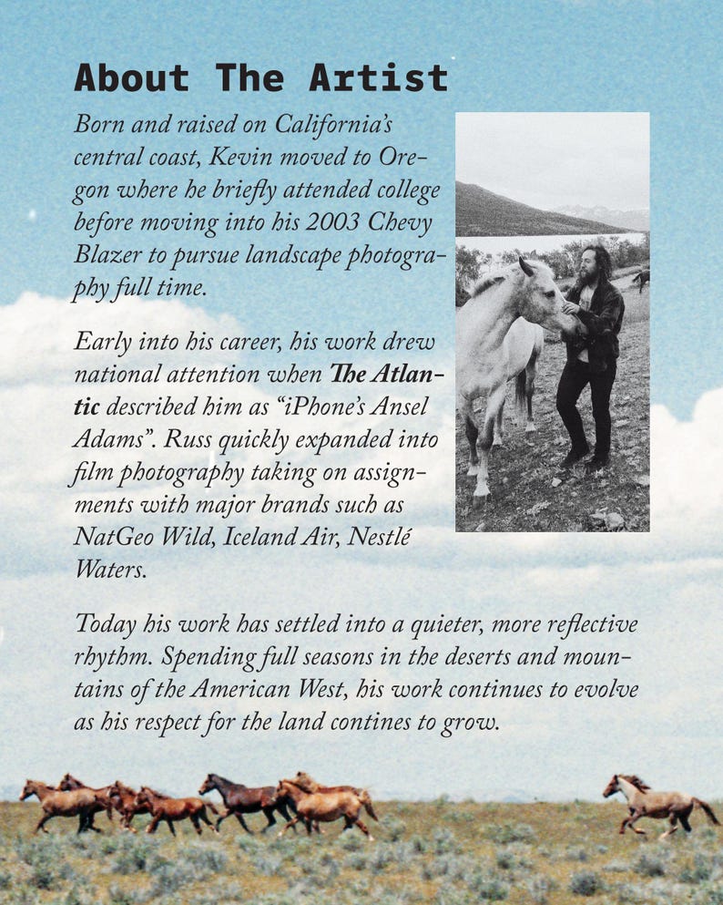 May include: A light blue informational card titled About The Artist featuring black text describing a photographer's career. A black and white photograph shows a person standing next to a horse. Below, a color image shows horses running in a field.