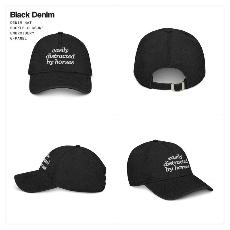 Easily Distracted By Horses Denim Hat Embroidered Western Aesthetic Cap Black Denim