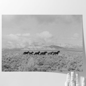 Nature Picture Horizontal Format Wild Horse Photography Black White Panoramic Wall Art Framed Print Running Plains Mountain Backdrop Perfect Bedroom Statement Piece Living Room Western Home Ranch Farmhouse Interior Large Animal Display