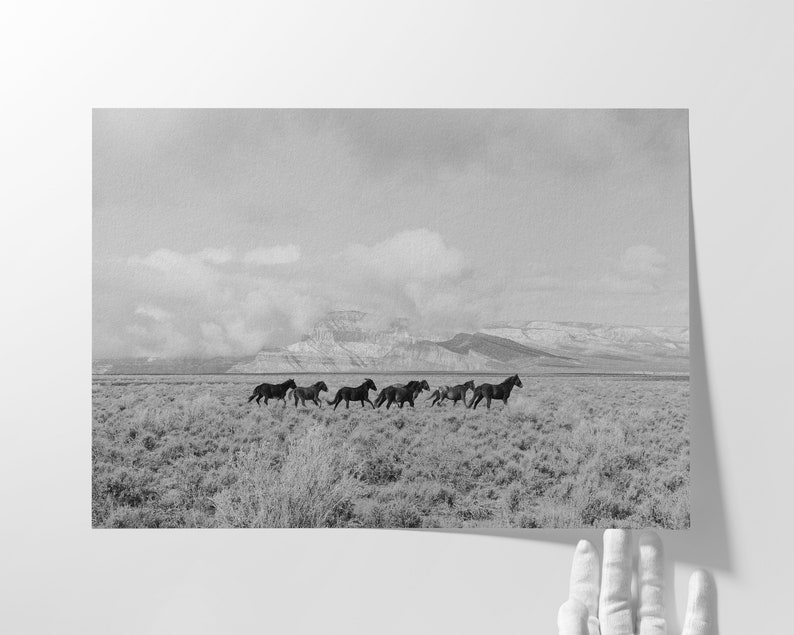Nature Picture Horizontal Format Wild Horse Photography Black White Panoramic Wall Art Framed Print Running Plains Mountain Backdrop Perfect Bedroom Statement Piece Living Room Western Home Ranch Farmhouse Interior Large Animal Display