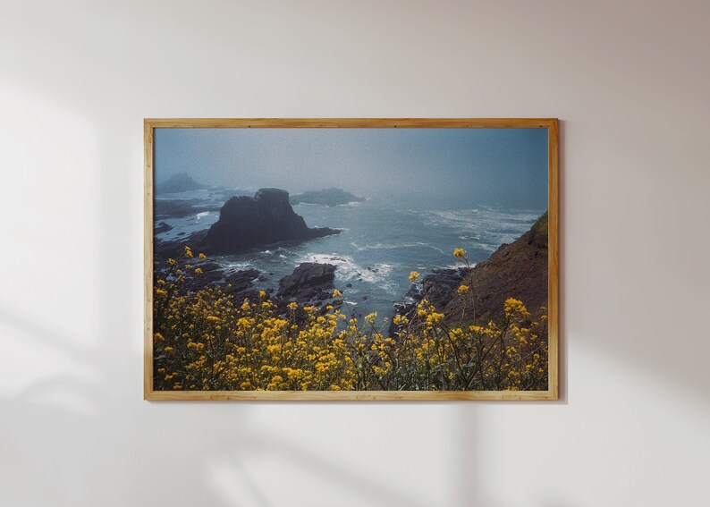 Framed Photography Wall Art Ocean Landscape Beach House Living Room Nautical Design Coastal Home Office Gift Nature Enthusiast Seascape Picture Misty Water Scene Oregon Coast Print Rocky Shoreline Yellow Wildflowers Dark Rocks Foggy Blue