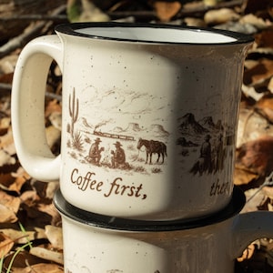 Western Ceramic Mug Coffee First Then Trouble Cowboy and Horse Sketch