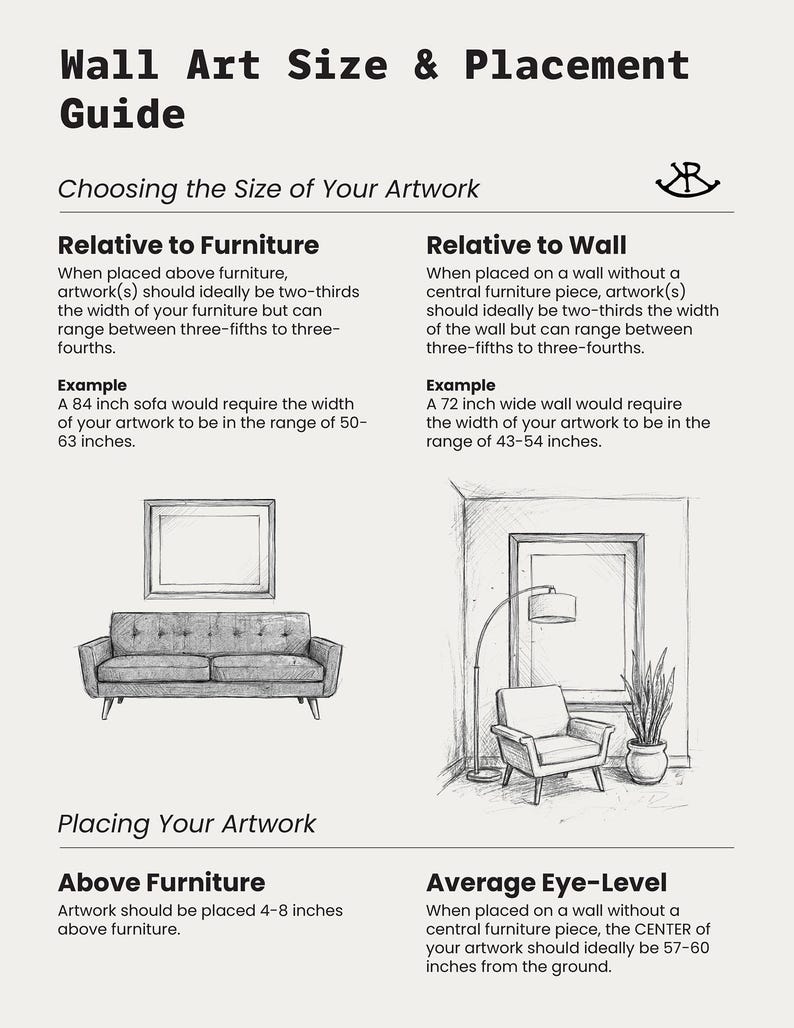 May include: An informational wall art size and placement guide with black text and line drawings on a light background. It provides instructions for sizing artwork relative to furniture and walls, including specific inch measurements and placement tips.