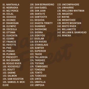 May include: A brown graphic print featuring a numbered list of United States National Forests starting from 81 Nantahala to 143 Winema, arranged in three columns with white sans-serif text on a solid brown background, displaying names like Tahoe, Tongass, and Uinta.