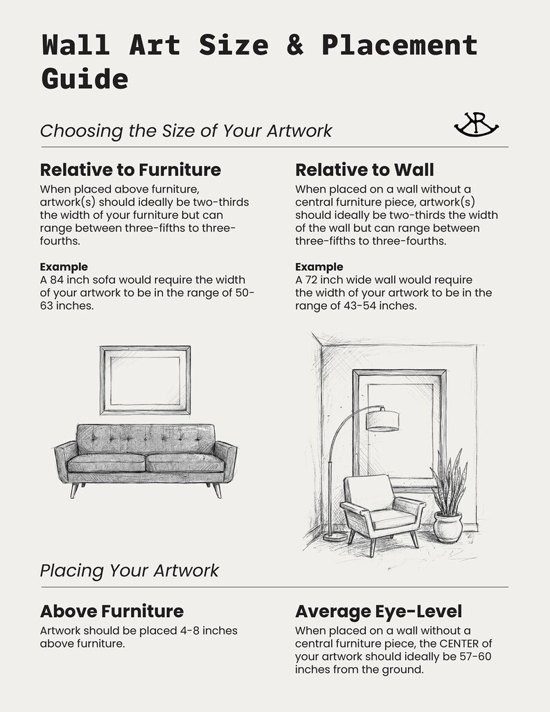 May include: An informational wall art size and placement guide with black text and line drawings on a light background. It provides instructions for sizing artwork relative to furniture and walls, including specific inch measurements and placement tips.