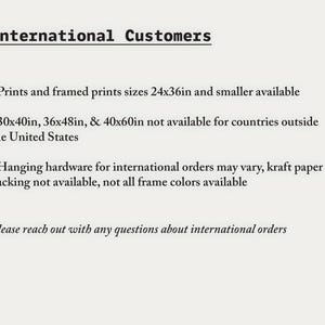 May include: A white informational graphic with black text titled International Customers. It lists availability for prints and framed prints in sizes 24x36in and smaller, notes exclusions for larger sizes, and mentions variations in hardware and backing.