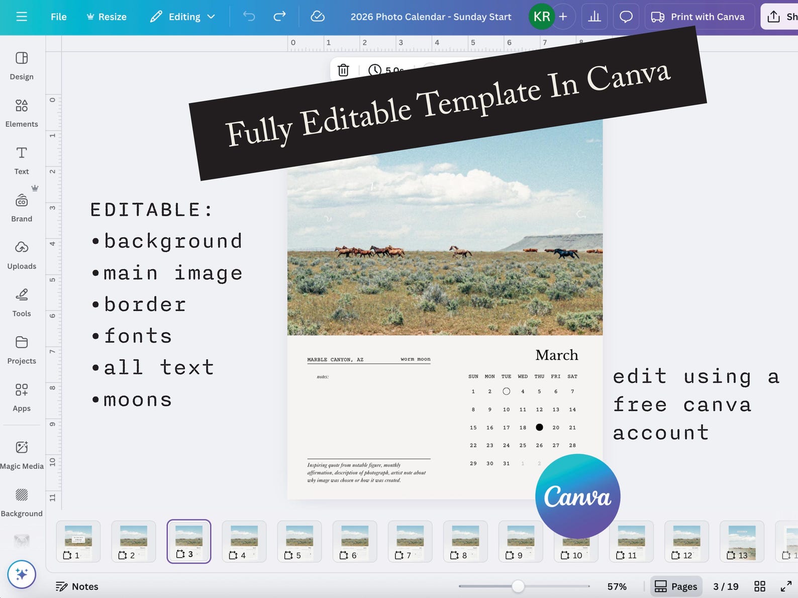 2026 Photo Calendar Template Canva Editable Customizable Personalized ...