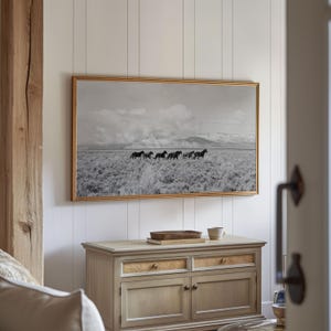 Western Landscape Frame TV Artwork Horse Wall Art Digital Download Print Black White Photography Rustic Home Styling Mountain Prairie Scene Wild Mustang Herd Running Dramatic Sky Living Room Country Interior Instant Access Ready To Print