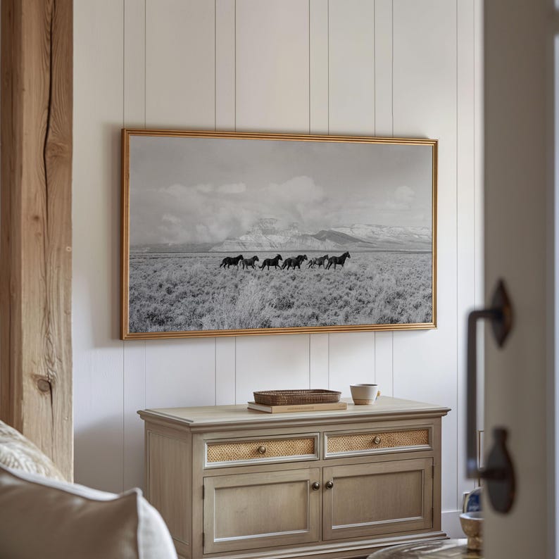 Western Landscape Frame TV Artwork Horse Wall Art Digital Download Print Black White Photography Rustic Home Styling Mountain Prairie Scene Wild Mustang Herd Running Dramatic Sky Living Room Country Interior Instant Access Ready To Print