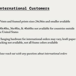 May include: A white informational graphic with black text titled International Customers. It lists availability for prints and framed prints in sizes 24x36in and smaller, notes exclusions for larger sizes, and mentions variations in hardware and backing.