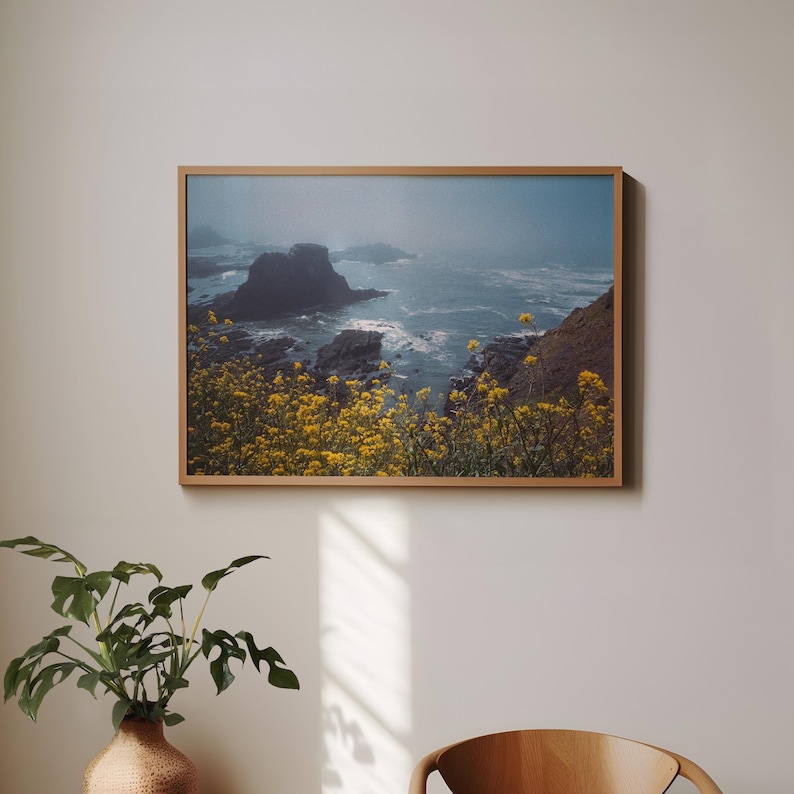 Oregon Coast Print Framed Photography Wall Art Ocean Landscape Beach House Living Room Nautical Design Coastal Home Office Gift Nature Enthusiast Seascape Picture Misty Water Scene Rocky Formation Yellow Wildflowers Foggy Atmosphere Blue