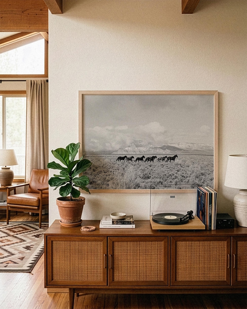 Wild Horse Photography Black White Print Panoramic Wall Art Framed Nature Picture Horizontal Format Running Plains Mountain Backdrop Perfect Bedroom Living Room Western Home Ranch Farmhouse Interior Large Animal Display Multiple Size