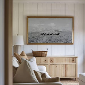 Digital Download Print Black White Horse Photography Western Landscape Art Frame TV Artwork Rustic Living Room Styling Mountain Prairie Scene Wild Mustang Herd Running Dramatic Sky Instant Access Ready To Print High Quality Digital File