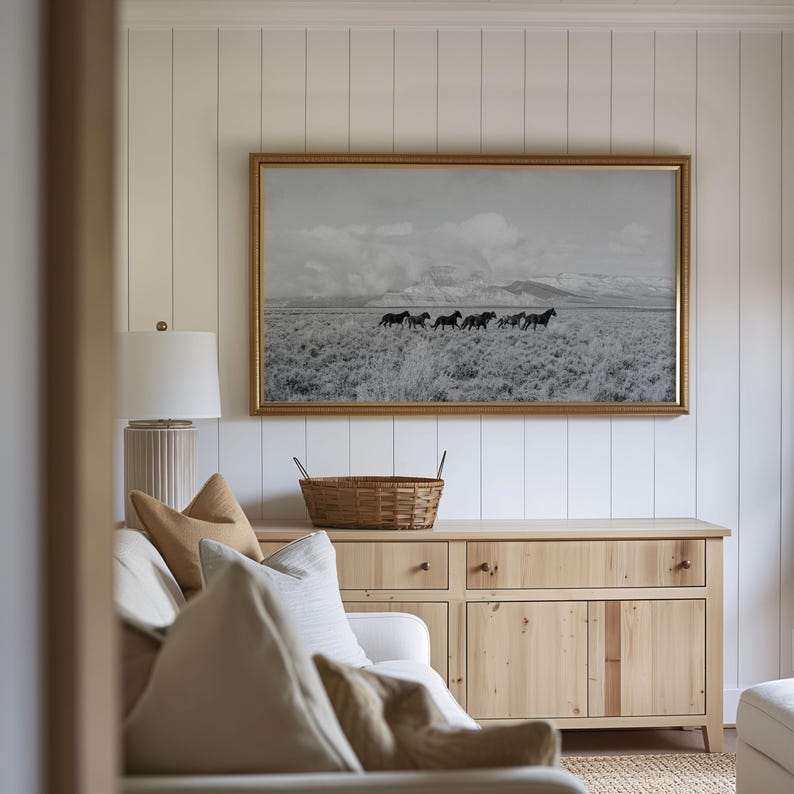 Digital Download Print Black White Horse Photography Western Landscape Art Frame TV Artwork Rustic Living Room Styling Mountain Prairie Scene Wild Mustang Herd Running Dramatic Sky Instant Access Ready To Print High Quality Digital File