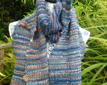 Hand dyed hand spun merino scarf.  Saori hand woven Unisex soft warm and cozy scarf. Hand woven artisan merino scarf.