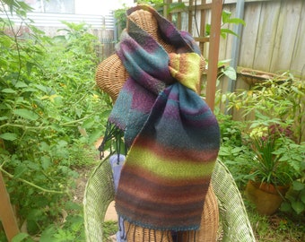 Beautifully saori  hand woven wool, acrylic and cotton unisex warm  and cozy scarf.  Elegant, woven, warm  unisex scarf.