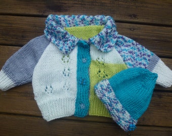 Cute and cozy hand knitted acrylic baby cardigan with collar and matching beanie.