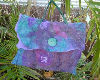 Unique artisan beautifully hand dyed merino and silk  large felted bag with soft leather handle and large inside pocket.